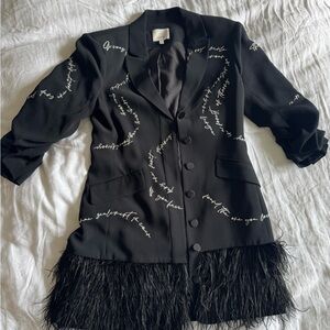 Cinq à Sept Black Scripted Blazer with Feather Trim